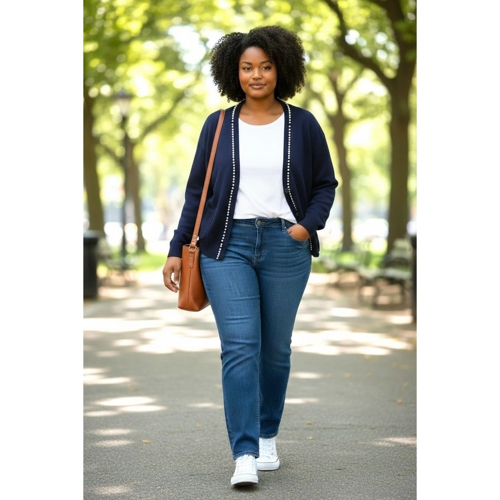 (I-262) Studio Park Amy Stran Pearl Embellished Cardigan Navy Large NWT QVC